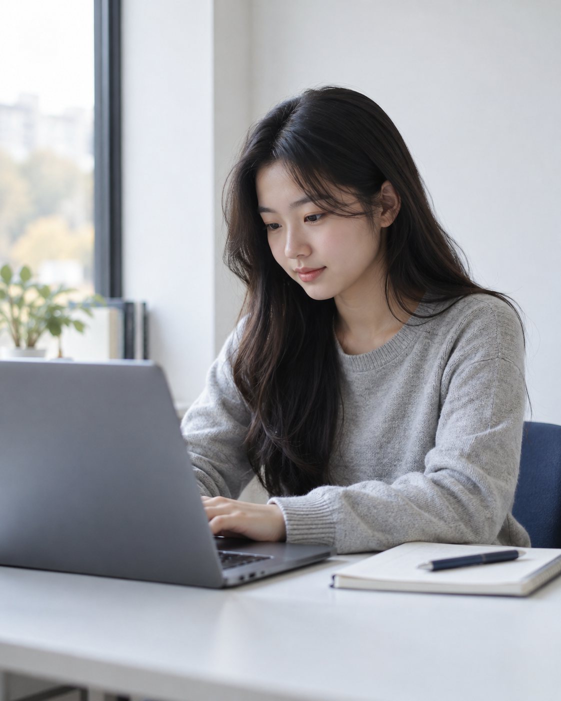 노트북 앞에서 자가진단 리포트를 읽는 학생